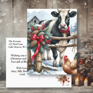 Beautiful Holiday Cow with Rooster Personalised Postcard