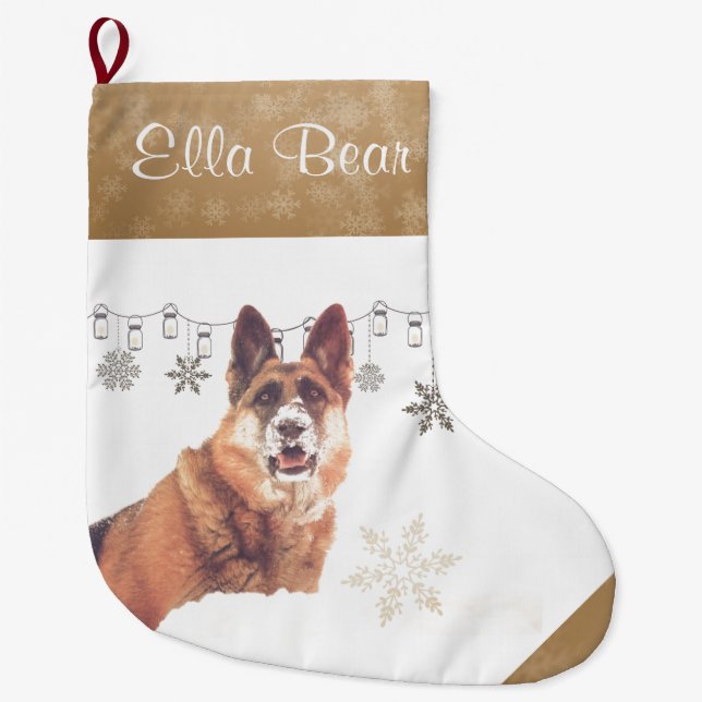 Beautiful Holiday German Shepherd in the Snow Large Christmas Stocking (Front)