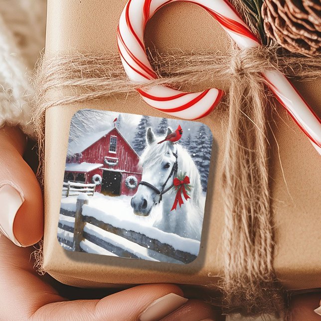 Beautiful Holiday Horse with Cardinal  Square Sticker (Creator Uploaded)