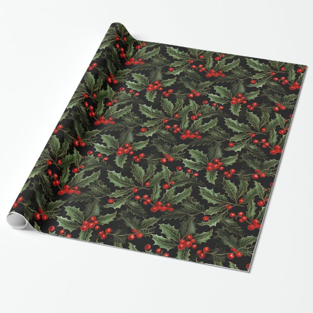 Beautiful Holly Berry Christmas Wrapping Paper (Unrolled)