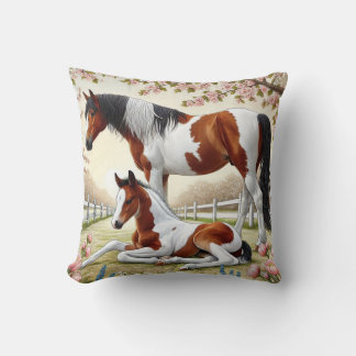 Beautiful Horse and Foal in a Blooming Orchard Cushion