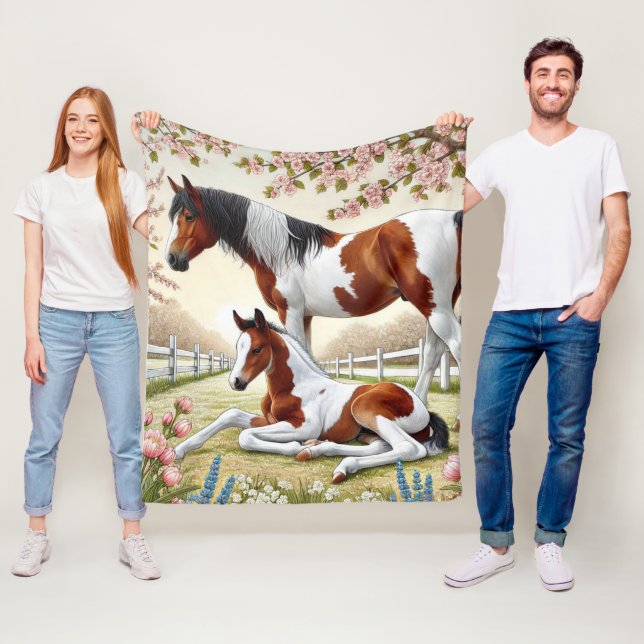 Beautiful Horse and Foal in a Blooming Orchard Fleece Blanket (In Situ)