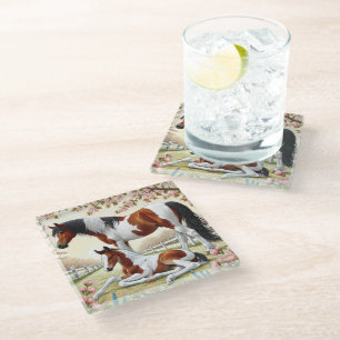 Beautiful Horse and Foal in a Blooming Orchard Glass Coaster