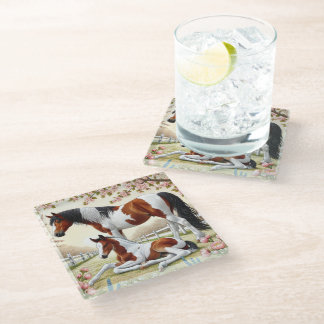 Beautiful Horse and Foal in a Blooming Orchard Glass Coaster