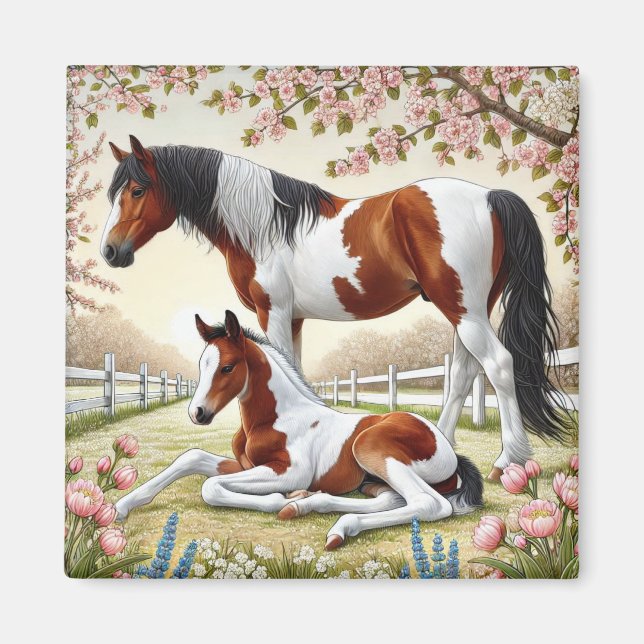 Beautiful Horse and Foal in a Blooming Orchard Magnet (Front)