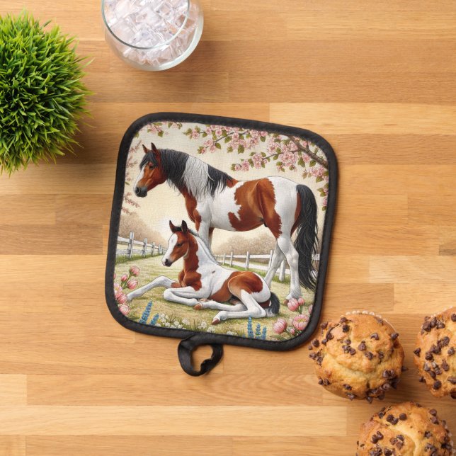 Beautiful Horse and Foal in a Blooming Orchard Pot Holder (Top Down)