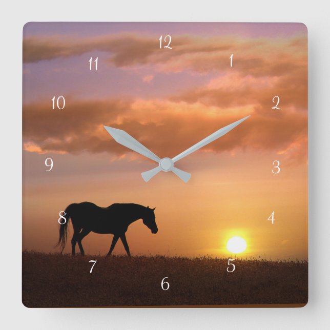 Beautiful Horse and Sunrise Morning Square Wall Clock (Front)