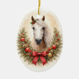 Beautiful Horse and Wreath Christmas Holiday Ceramic Tree Decoration