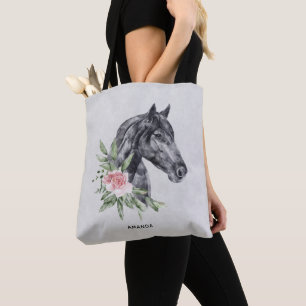 Beautiful Horse Head Portrait Watercolor on Grey Tote Bag