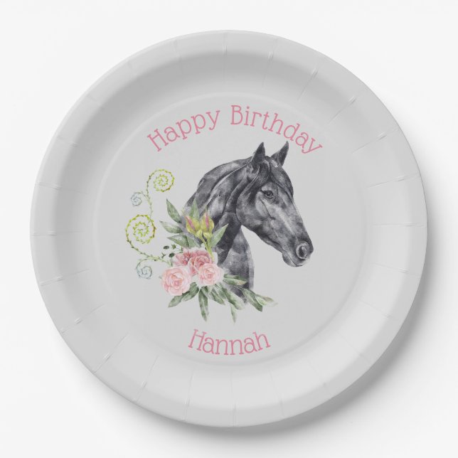 Beautiful Horse Illustration - Happy Birthday  Paper Plate (Front)