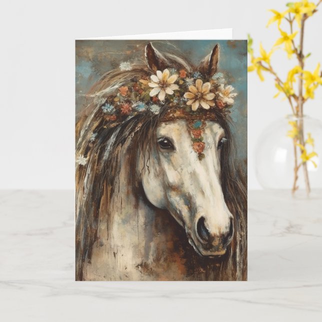 Beautiful Horse in a Boho Crown all occasions Card (Yellow Flower)