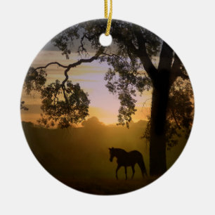 Beautiful horse in sunset light/Oak tree ornament