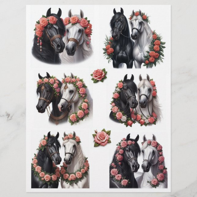 Beautiful Horse Pairs with Pink Rose Wreaths (Front)
