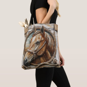 Beautiful Horse Rope Wood Carving Tote Bag