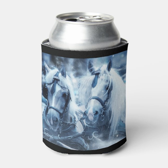 Beautiful Horse Team Winter Driving Photo Can Cooler (Can Front)