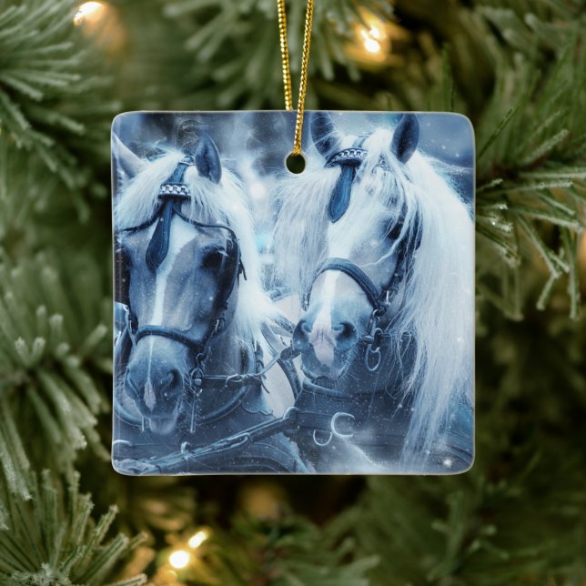 Beautiful Horse Team Winter Driving Photo Ceramic Ornament (Tree)