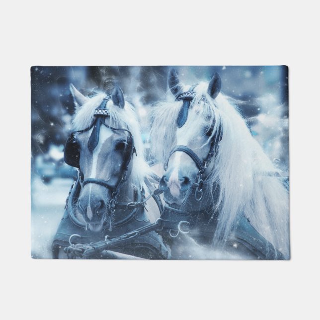Beautiful Horse Team Winter Driving Photo Doormat (Front)