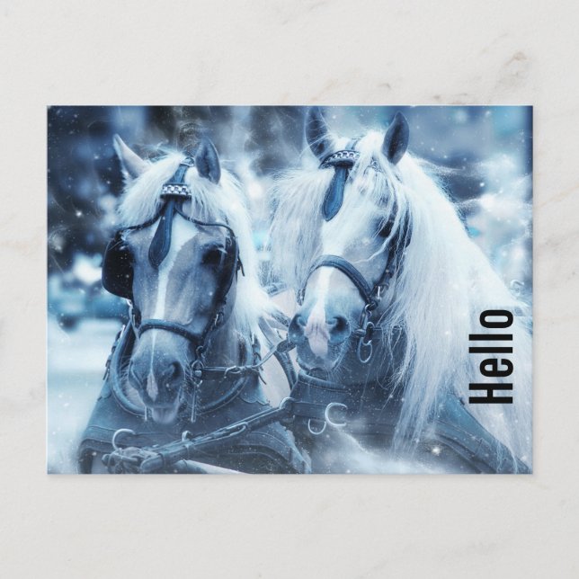 Beautiful Horse Team Winter Driving Photo Hello Postcard (Front)