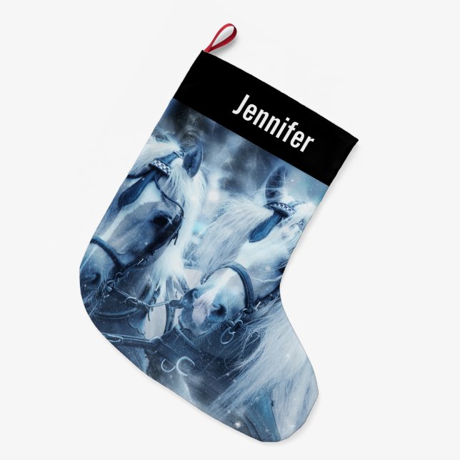 Beautiful Horse Team Winter Driving Photo Large Christmas Stocking (Front (Hanging))
