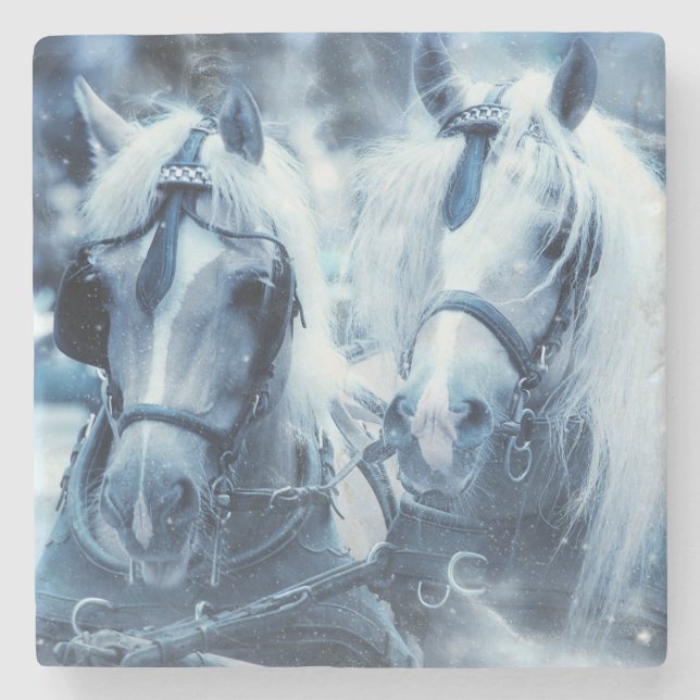 Beautiful Horse Team Winter Driving Photo Stone Coaster (Front)