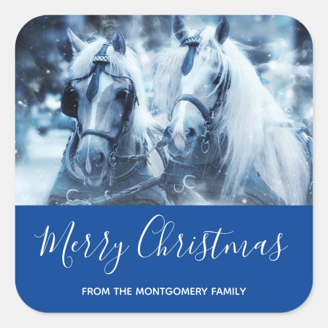 Beautiful Horse Team Winter Photo Christmas Square Sticker (Front)
