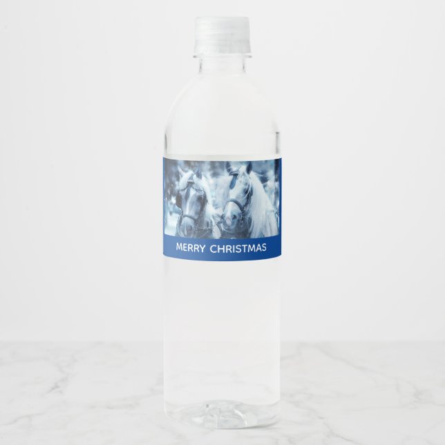 Beautiful Horse Team Winter Photo Christmas Water Bottle Label (Front)