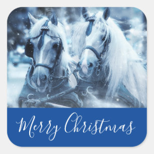 Beautiful Horse Team Winter Photo Merry Christmas Square Sticker