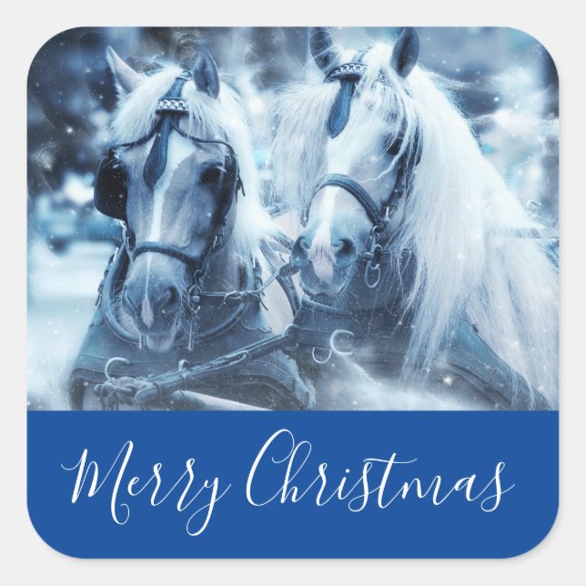Beautiful Horse Team Winter Photo Merry Christmas Square Sticker (Front)