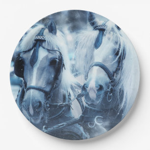 Beautiful Horse Team Winter Photo Paper Plate