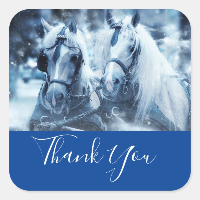 Beautiful Horse Team Winter Photo Thank You Square Sticker (Front)