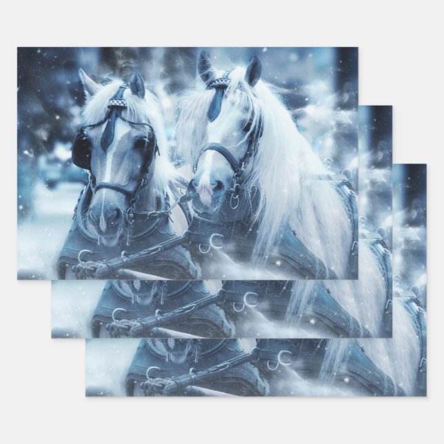 Beautiful Horse Team Winter Photo Wrapping Paper Sheet (Set)