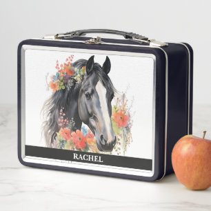 Beautiful Horse with Flowers Metal Lunch Box