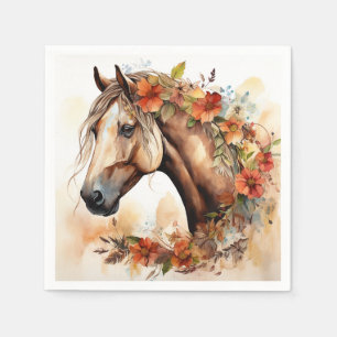 Beautiful Horse with Pretty Flowers Watercolor Napkin