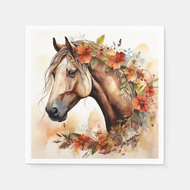 Beautiful Horse with Pretty Flowers Watercolor Napkin (Front)