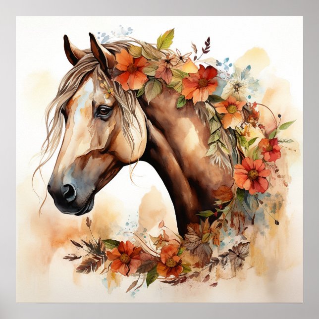 Beautiful Horse with Pretty Flowers Watercolor Poster (Front)