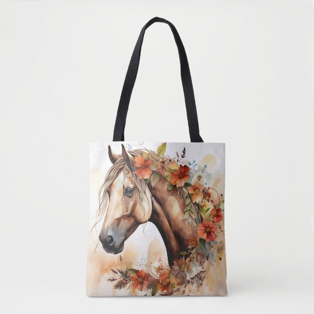 Beautiful Horse with Pretty Flowers Watercolor Tote Bag (Front)