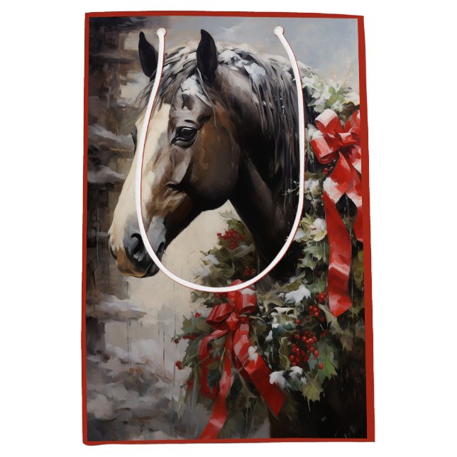 Beautiful Horse with Winter Wreath Christmas Medium Gift Bag (Front)