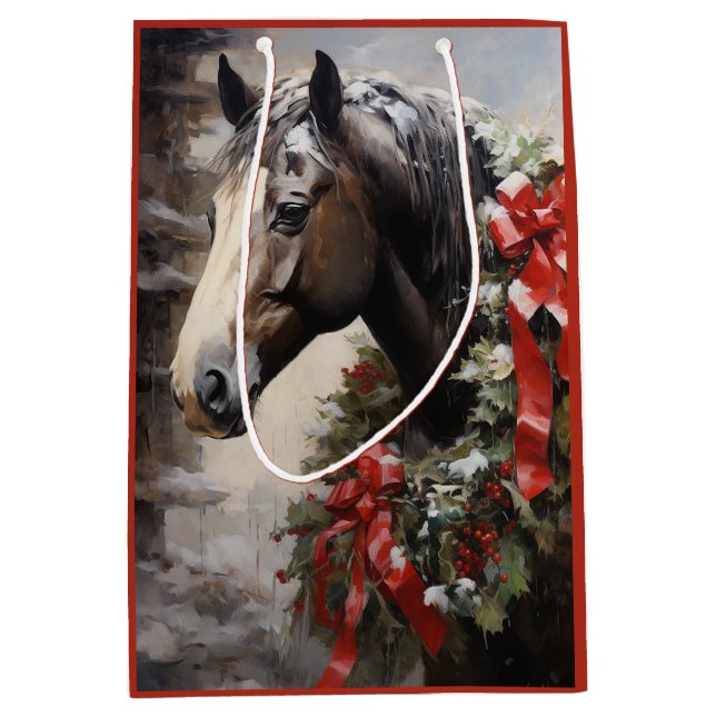 Beautiful Horse with Winter Wreath Christmas Medium Gift Bag (Front)