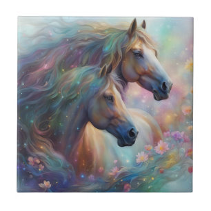 Beautiful Horses and Flowers Art Tile