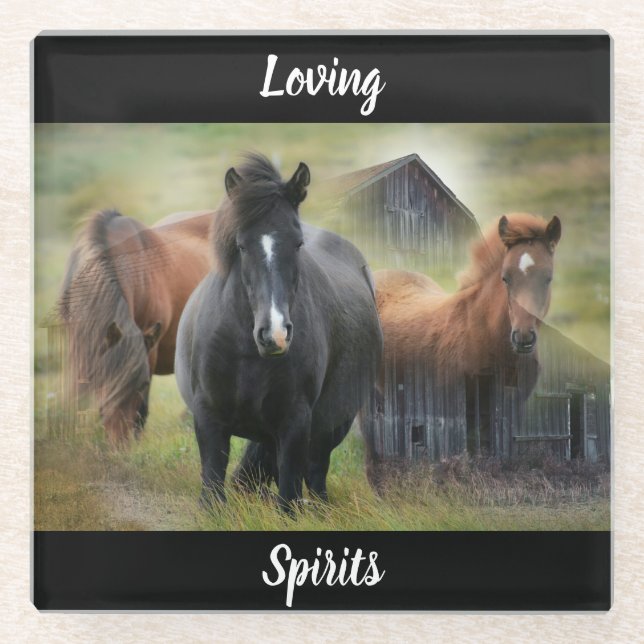 Beautiful Horses and Rustic Barn Glass Coaster (Front)