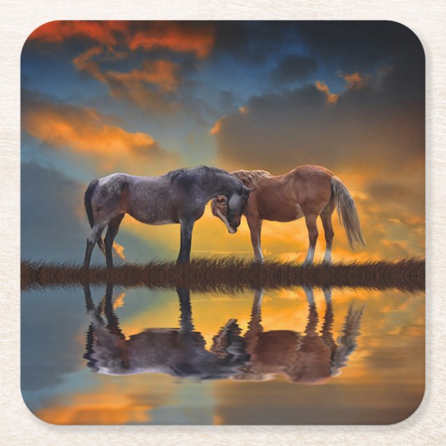 Beautiful Horses and Water Sunset Western Square Paper Coaster (Front)