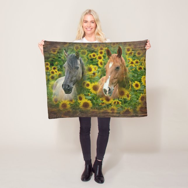 Beautiful Horses in Field of Sunflowers Fleece Blanket (In Situ)