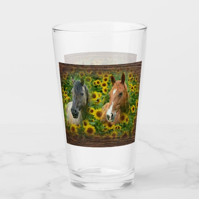 Beautiful Horses in Field of Sunflowers Glass (Front)