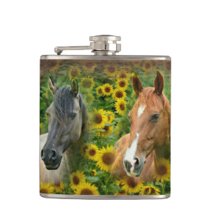 Beautiful Horses in Field of Sunflowers Hip Flask
