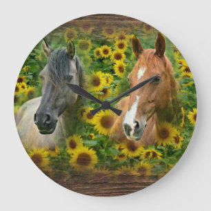 Beautiful Horses in Field of Sunflowers Large Clock