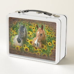 Beautiful Horses in Field of Sunflowers Metal Lunch Box