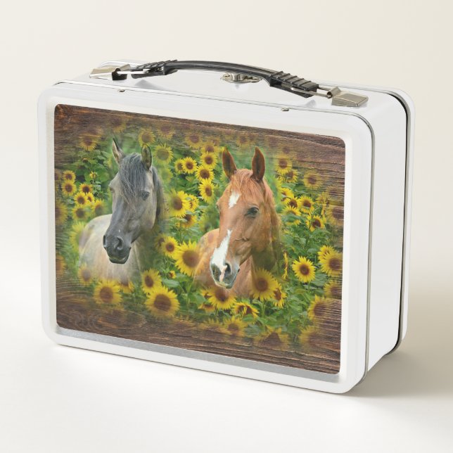 Beautiful Horses in Field of Sunflowers Metal Lunch Box (Back)