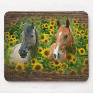 Beautiful Horses in Field of Sunflowers Mouse Mat