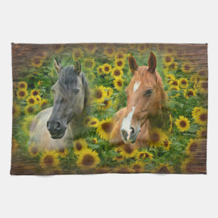 Beautiful Horses in Field of Sunflowers Tea Towel