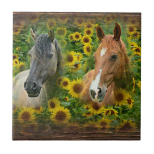 Beautiful Horses in Field of Sunflowers Tile